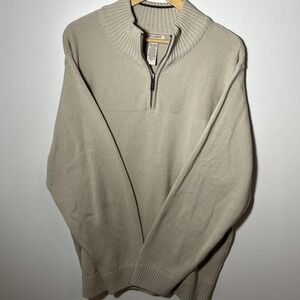 Dockers Sweater Mens XXL Brown 1/4 Zip Leather Pull Tag 100% Cotton Mock Neck‎